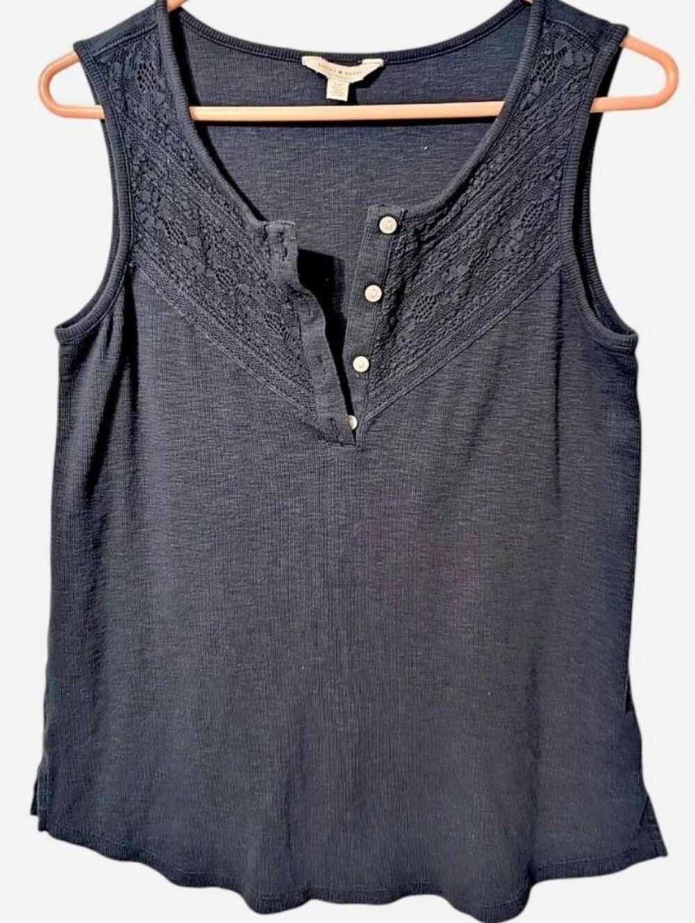 Lucky Brand Navy Blue Lace Cotton Button Henley Tank Top, Size S
